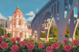 painting of Pasadena city hall and Colorado bridge and roses. Painting done by Brian Cho Studio.