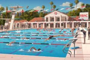 Rose Bowl Aquatics Center (RBAC) illustration painting by Brian Cho studio.