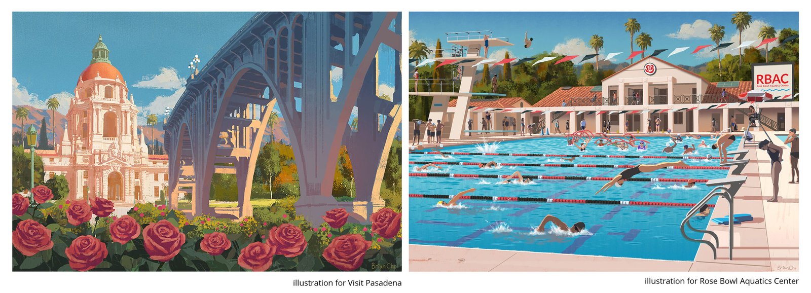 painting of Pasadena city hall and Colorado bridge and roses. Painting done by Brian Cho Studio.